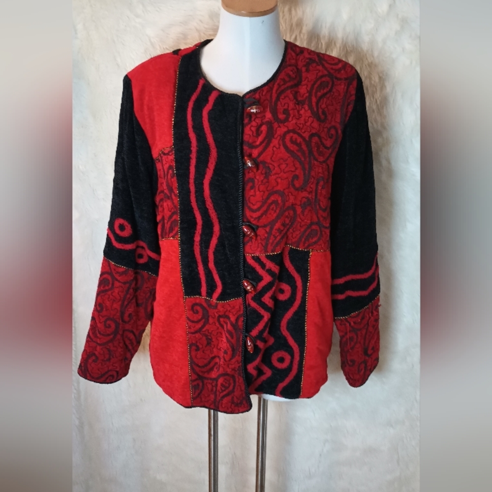 Allure black and red button front gold trim jacket size M women's sweater top